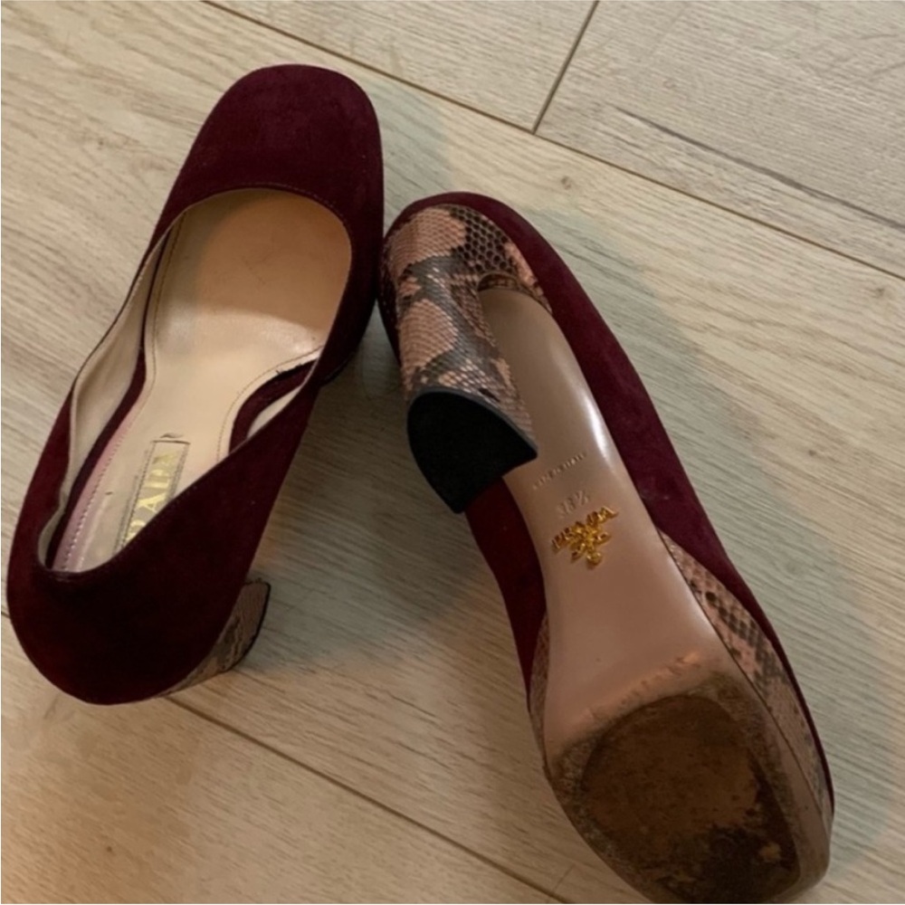 Prada Maroon Suede Heels with Snakeskin Pattern - Picture 9 of 11